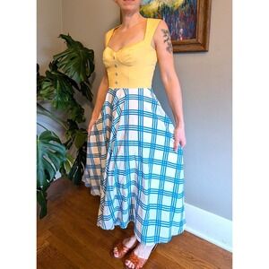 NWT Nishe Yellow Blue Dress Sweetheart Neckline Midi Length Retro 50's picnic
